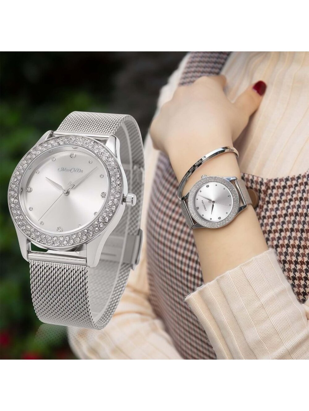 Women's Silver Crystal Case Mesh Stainless Steel Band Cuff Bracelet Set Watch - Picture 2 of 7